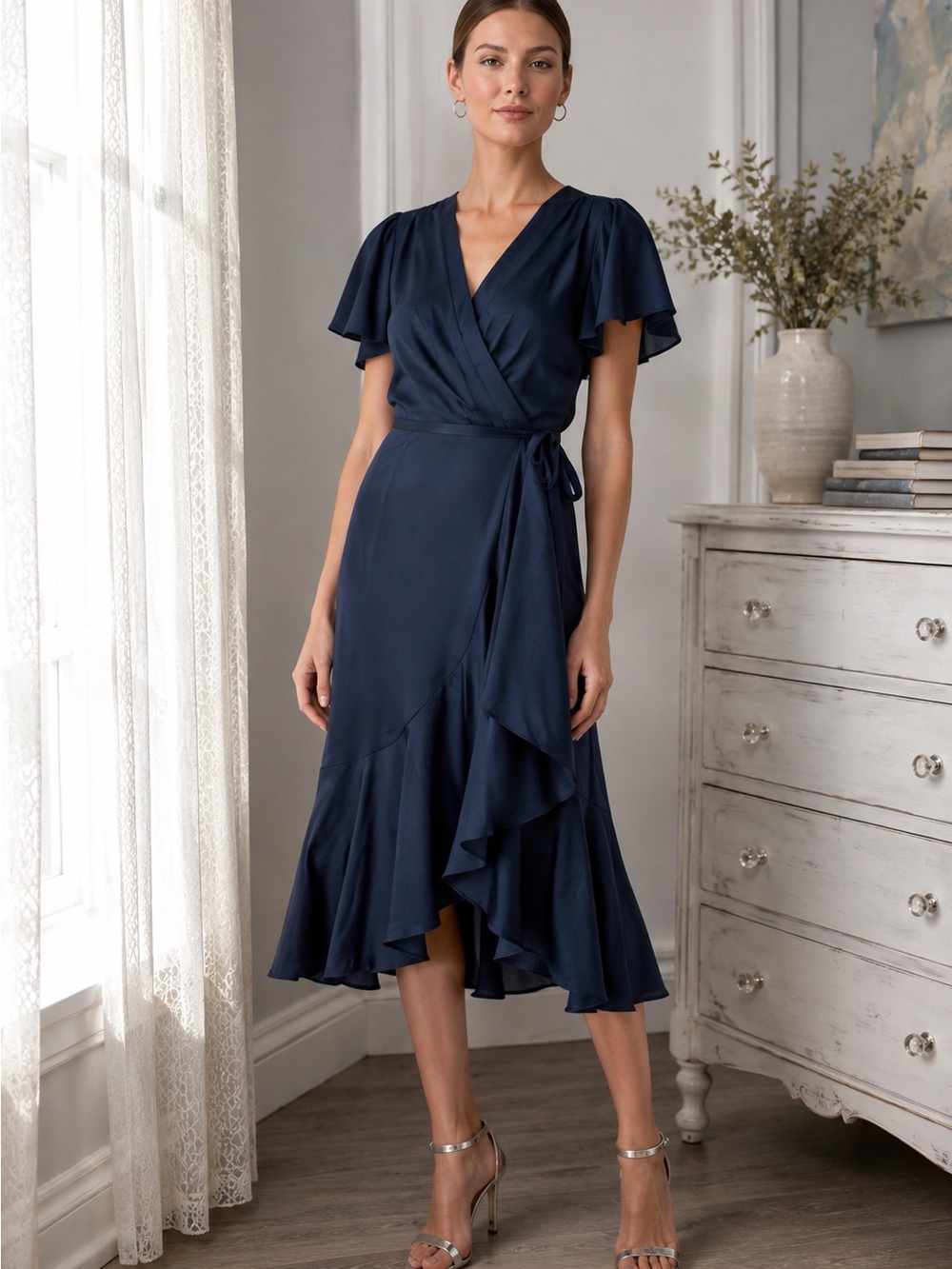 DKNY Women's Indigo Navy Faux Wrap Ruffle Flutter Sleeve Midi Dress Size 6 NWT